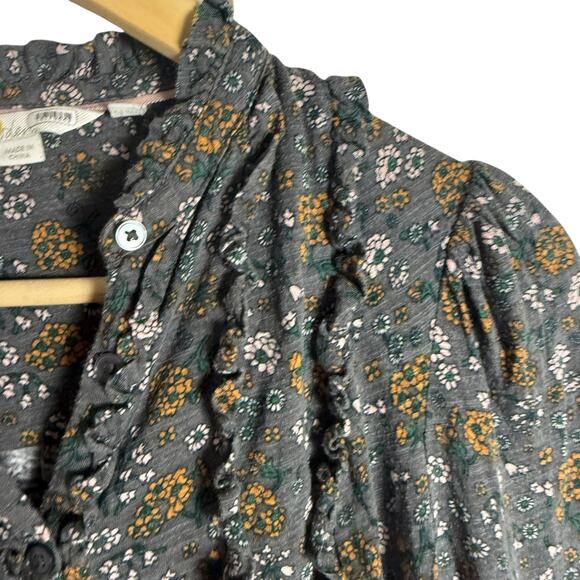 Boden Ruffle Jersey Gray Floral Print Long Sleeve Modest Blouse Size 4 - Picture 8 of 14